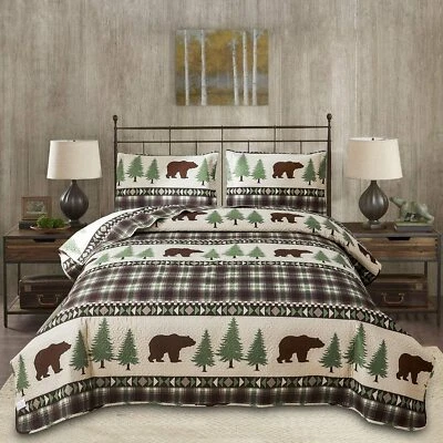 Green Brown Pine Bear Lodge Plaid 3 pc Quilt Set Twin Full Queen King Coverlet - Image 1 of 4
