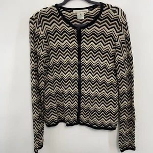 David Brooks Cardigan Sweater Knit Silk Blend Chevron Brown Black Womens M - Picture 1 of 7