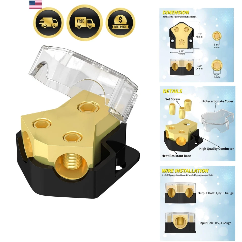 Car Audio Power Distribution Block 12V 2 Way Ground Splitter 0 2 4 Gauge - Image 1 of 4
