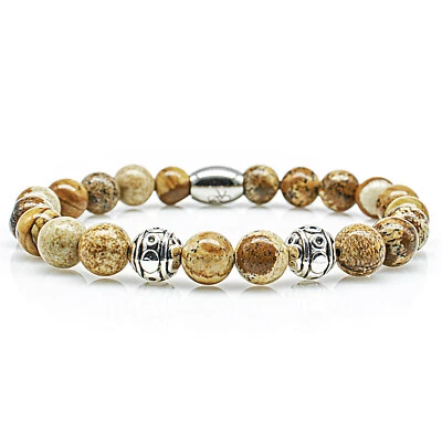 Jaspis Armband Bracelet Perlenarmband Beads Silber beige 8mm Edelstahlkugel - Bild 1 von 2
