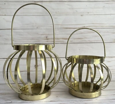 Pair Of Anthropologie Gold Metal Lantern Candle Holders Boho Party Summer - Image 1 of 4