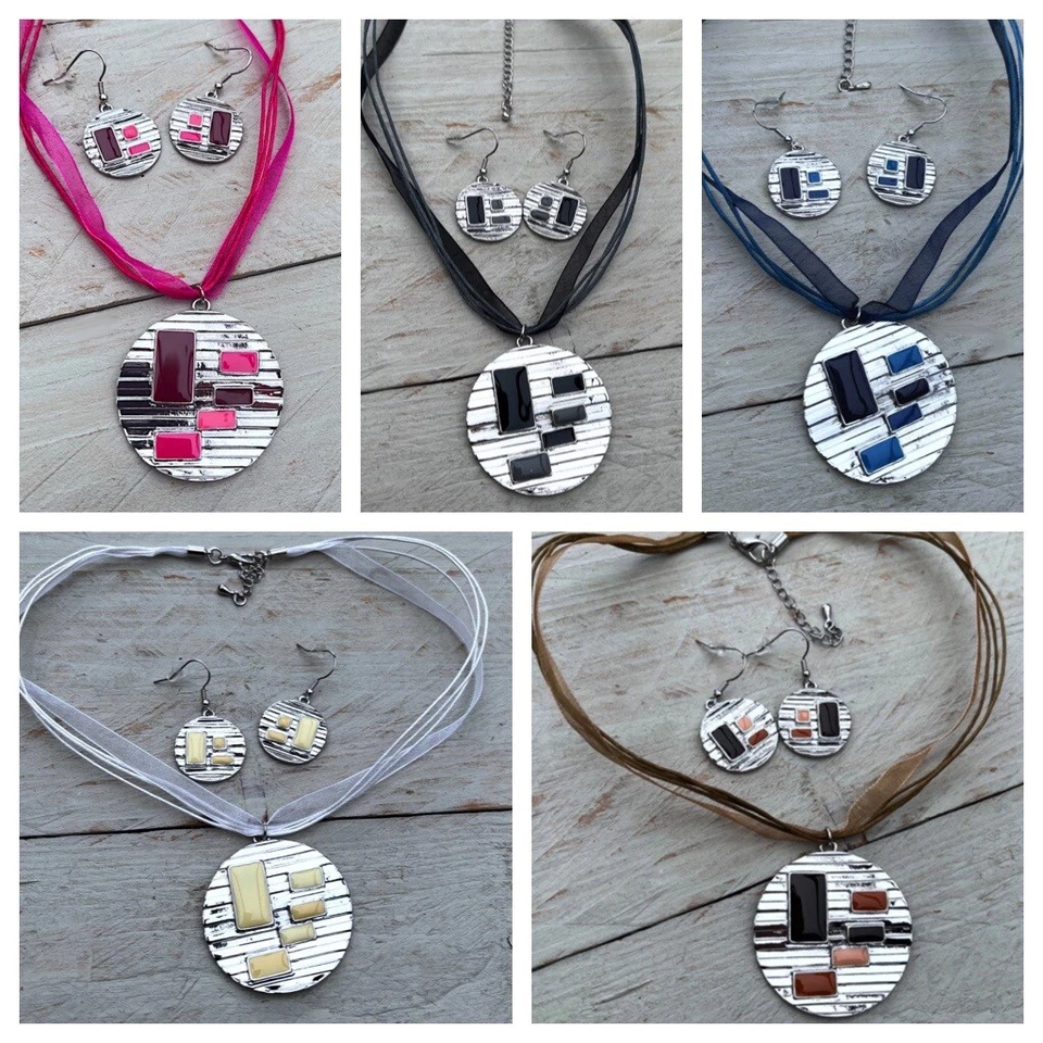 Schmuck Set, Halskette + Ohrhänger, runder Anhänger, Farbblöcke, Farbwahl NEU - Bild 1 von 1