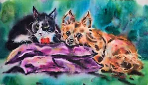 ORIGINAL watercolor painting Fluffy CAT and DOG art Friendship art 11" by 19" - Picture 1 of 5