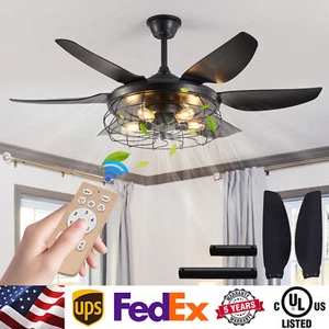 48" Modern Ceiling Fan Light Kit Retractable LED Chandelier Remote Control Black - Picture 1 of 10