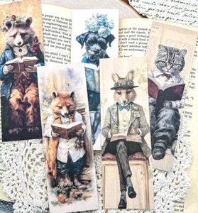 Handmade Set of 5 Vintage Dressed Forest Animal Set #2 Card Stock Bookmarks - Picture 1 of 3