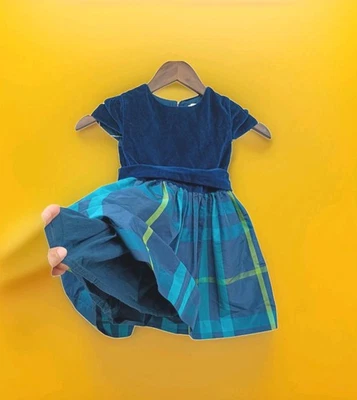 Jacadi Girls Back Zip Short Sleeve Plaid Velvet Dress Princess Blue Green Sz 5A - Image 1 of 4
