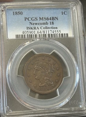 1850 MS64BN Large Cent PCGS Newcomb 15 ISKRA Collection Original PQ Rare Early - Image 1 of 2