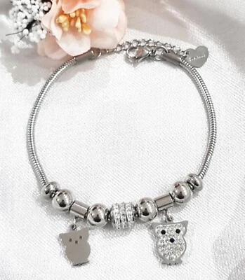 Bracciale donna con pendente braccialetto gufo porta fortuna acciaio tipo inox - Immagine 1 di 4