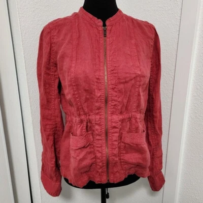 Caslon Zip Front Jacket Womens Red Linen Pockets Lightweight Cinch Waist - Image 1 of 4