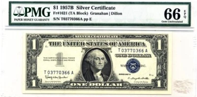 $1 1957 B Silver Certificate Cool Sr#T0377-0366A PMG66 "Gem Uncirculated" - Image 1 of 2