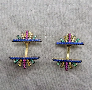 ATI Vintage Earrings Sterling Silver Blue Pink Green Rainbow Crystals .75 in 90c - Picture 1 of 10