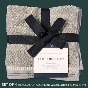 SET OF 4 New TOMMY HILFIGER Fast Drying Washcloths Lt Taupe Chevron 13 x 13 IN - Picture 1 of 2