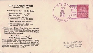 21 Apr 1935 Naval Cover, 16th Birthday USS Ward DD-132, USS Aaron cancel - Picture 1 of 2