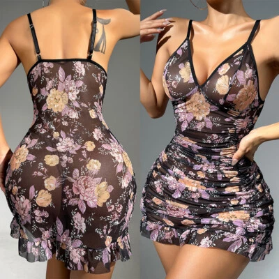 Women Sexy Lingerie Nightwear Lace Babydoll Sleepwear Slip Dress V-Neck Chemise - Image 1 of 4