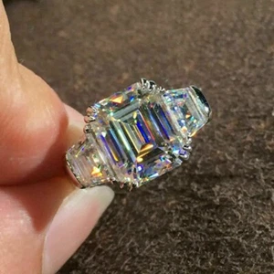 4Ct Emerald Cut Moissanite Three-Stone Engagement Ring 14K White Gold Plated - Picture 1 of 4
