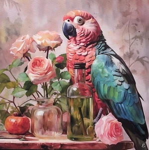 Parrot, Roses, still life original watercolor painting - Picture 1 of 3