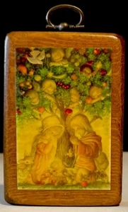 Vintage Handpainted Wood Plaques Apple Tree Angels Baby Ornament 1970s Unique - Picture 1 of 9