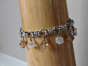 Bracciale vintage in argento sterling 7 pollici con perle di vetro pendenti - Foto 1 di 14