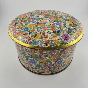 Caja contenedor de lata floral vintage Then hecha en Inglaterra flores coloridas - Imagen 1 de 7