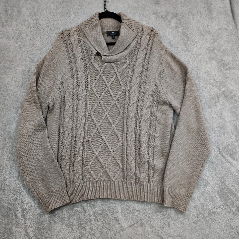 Toscano 男式电缆针织毛衣 XL 美利奴羊毛混纺披肩 渔夫 爷爷 — 第 1/4 张图片