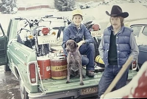 Vintage Photo Slide 1975 Green Ford Truck People Dog Camping Trip - Picture 1 of 2