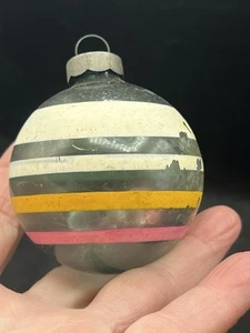 Vtg. Christmas Unsilvered Blue/Green Ornament Painted White Pink Yellow Stripes - Picture 1 of 5