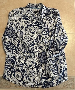 TALBOT'S BLOUSE ladies size P medium blue white floral long sleeve Lightweight - Picture 1 of 11