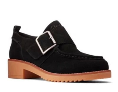 CLARKS Negro Gamuza Eden Medio Monje Hebilla Derby Zapatos Oxford Talla Mujer 8.5 Foto 1 de 4