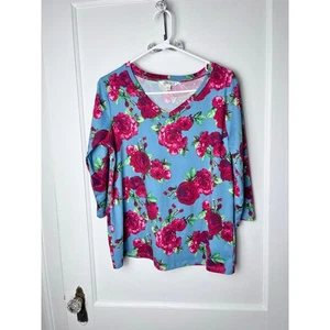 Blusa Top Mujer The Pioneer Azul Rosa Floral Tejida Cuello en V Manga 3/4 Talla Pequeña - Imagen 1 de 5