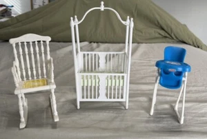 Vintage Barbie Nursery Baby Furniture Crib Rocking Chair Fisher Price Highchair - Picture 1 of 19