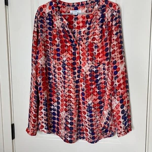 Liz Claiborne Bluse Übergröße 2X Langarm rot blau Punkte Print Oberteil Karriere - Bild 1 von 8