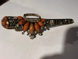 VINTAGE braun STRASS LUCITE JUWELENBESETZTES METALLHORN ENTENSCHNABEL HAARSPANGE STAB - Bild 1 von 4