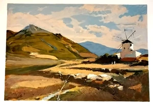 Litografia vintage Everett Raymond Kinstler "Mulino a vento su una collina" 36"x 29" non firmata - Foto 1 di 19