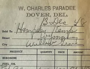Aceite Dover Delaware Vintage Billhead W. Charles Paradee Firmado 1948 - Imagen 1 de 3