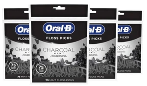Pack Of 4 ✨ Oral-B Charcoal Infused Mint Dental Floss Picks, 75 Count - Picture 1 of 7