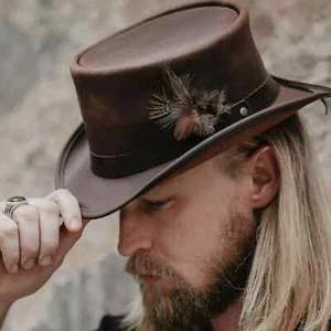Marlow Herren 100 % Rindsleder Biker Zylinder Hut kurz Steampunk Kutscher Stil - Bild 1 von 7