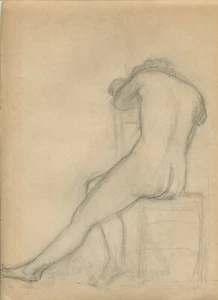 Antique Pencil Drawing Original Nude Woman sitting down - Picture 1 of 6