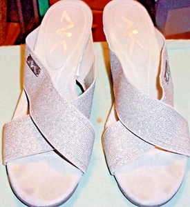 Women's size 9.5 Anne Klein, silver, stretch wedge heel sandals - Picture 1 of 7