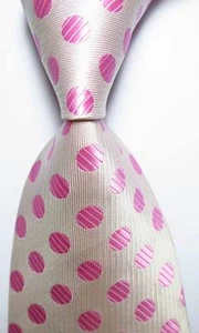 New Classic Polka Dot White Pink JACQUARD WOVEN 100% Silk Men's Tie Necktie - Picture 1 of 2