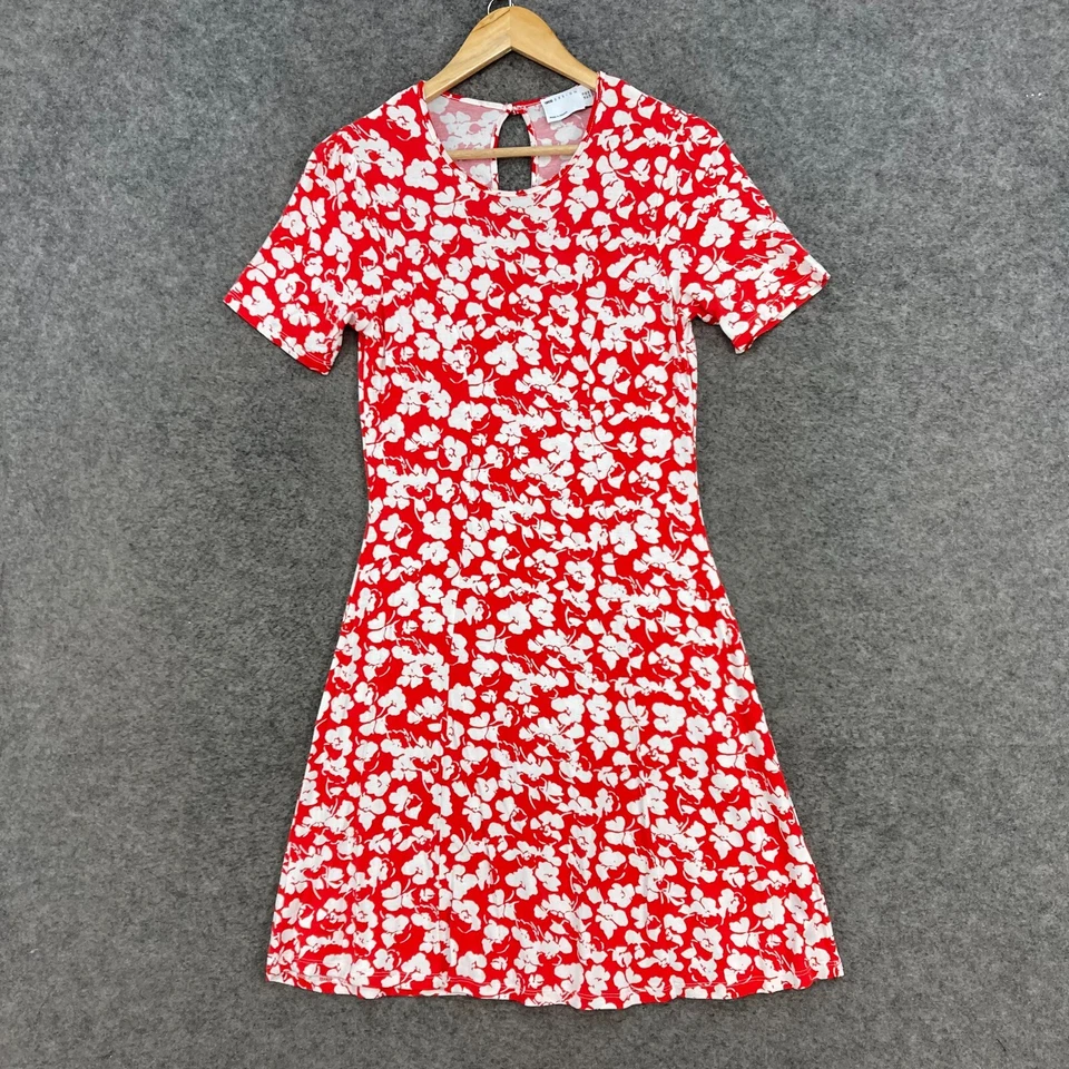 Asos Womens Dress Size 10 Red White Floral Short Sleeve A-Line Round Neck 11402 - image 1 of 4