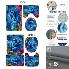 Sea Dolphin Print Bathroom Set Non-Slip Rug Toilet Lid Cover Bath Mat Shower