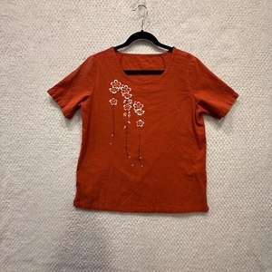 Women's Burnt Orange Summer Top Size L (Size runs small) with Floral Painting - Picture 1 of 4