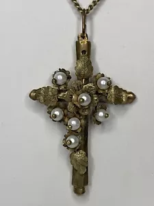 Rare Antique Cross Victorian Necklace Gold Tone Flower Faux Pearl Pendant 1890’s - Picture 1 of 20