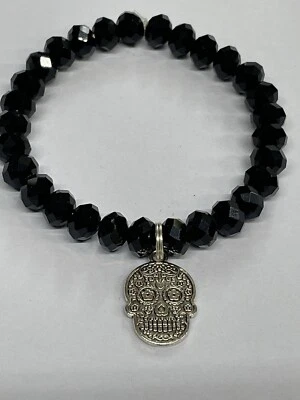 Calavera Día de Muertos Negro Cristal Elastizado Pulsera Joyería NUEVO Foto 1 de 4