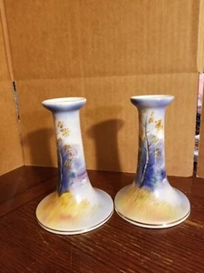 Candelabros Noritake vintage pintados a mano hechos en Japón árbol, lago con cisne - Imagen 1 de 8