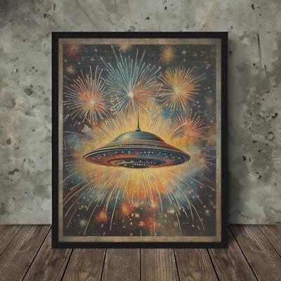 Arte de pared OVNI FUEGOS ARTIFICIALES, póster retro de ciencia ficción del 4 de julio, decoración alienígena de América Foto 1 de 4