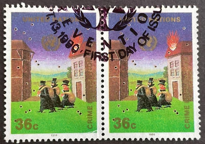 United Nations 1990 #581 First Day Issue Block of 2 Stamps.  Organized Crime - Image 1 of 2
