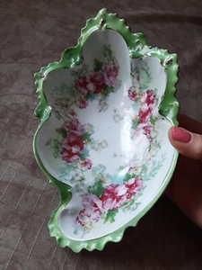 Antique MZ Austria Porcelain Candy Trinket Bowl, Gold Green Rim Pink Flowers - Picture 1 of 15