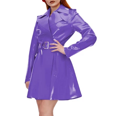 Gabardina para mujer brillante de cuero PVC con cinturón manga larga cuello vuelto abrigos Foto 1 de 4