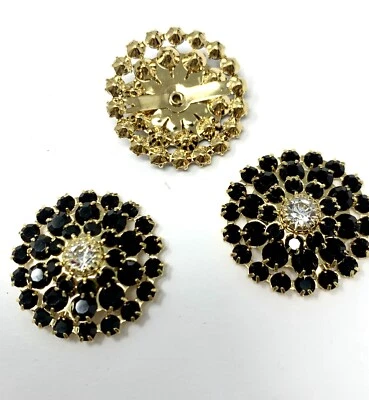 3 Stück Swarovski Tief Schwarz Kristall Knöpfe Strass Fundstücke 24 mm Rund Gold - Bild 1 von 2